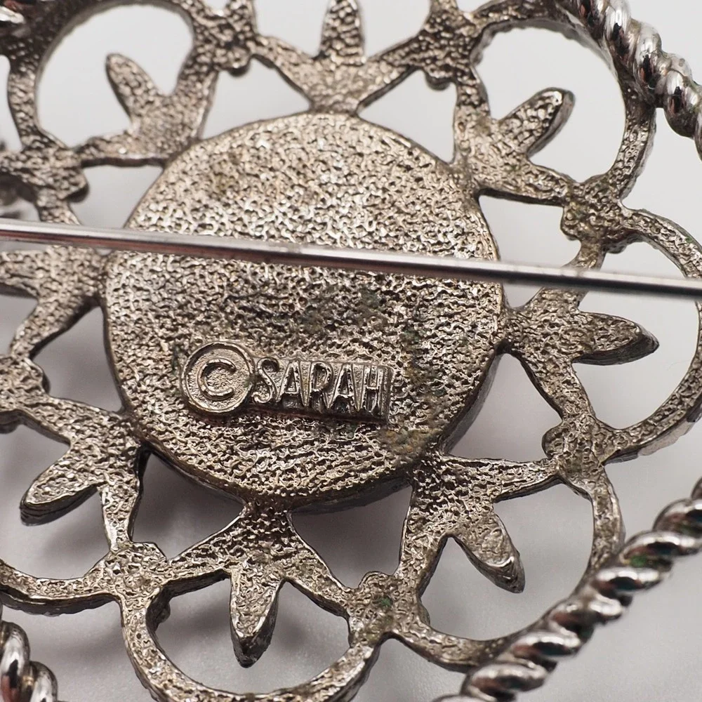 VTG Sarah Coventry Brooch Pendant Inca Fire Red Silver Tone Filigree Heirlooms